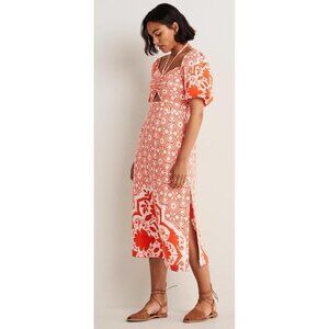 BODEN 100% Linen Puff Sleeves Peasant Long Dress Womens 10 Floral Halter Smocked